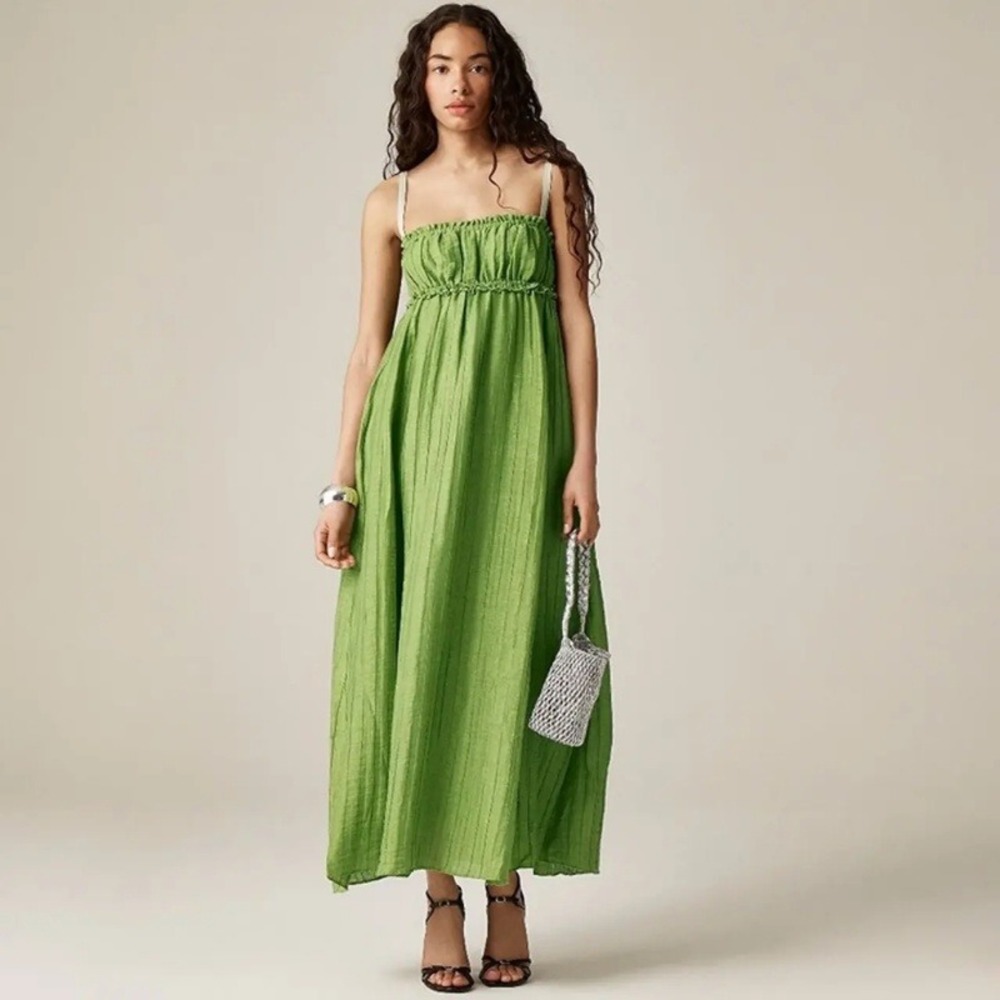 J.Crew Collection Empire-Waist Dress Green Linen Blend Maxi Size 8